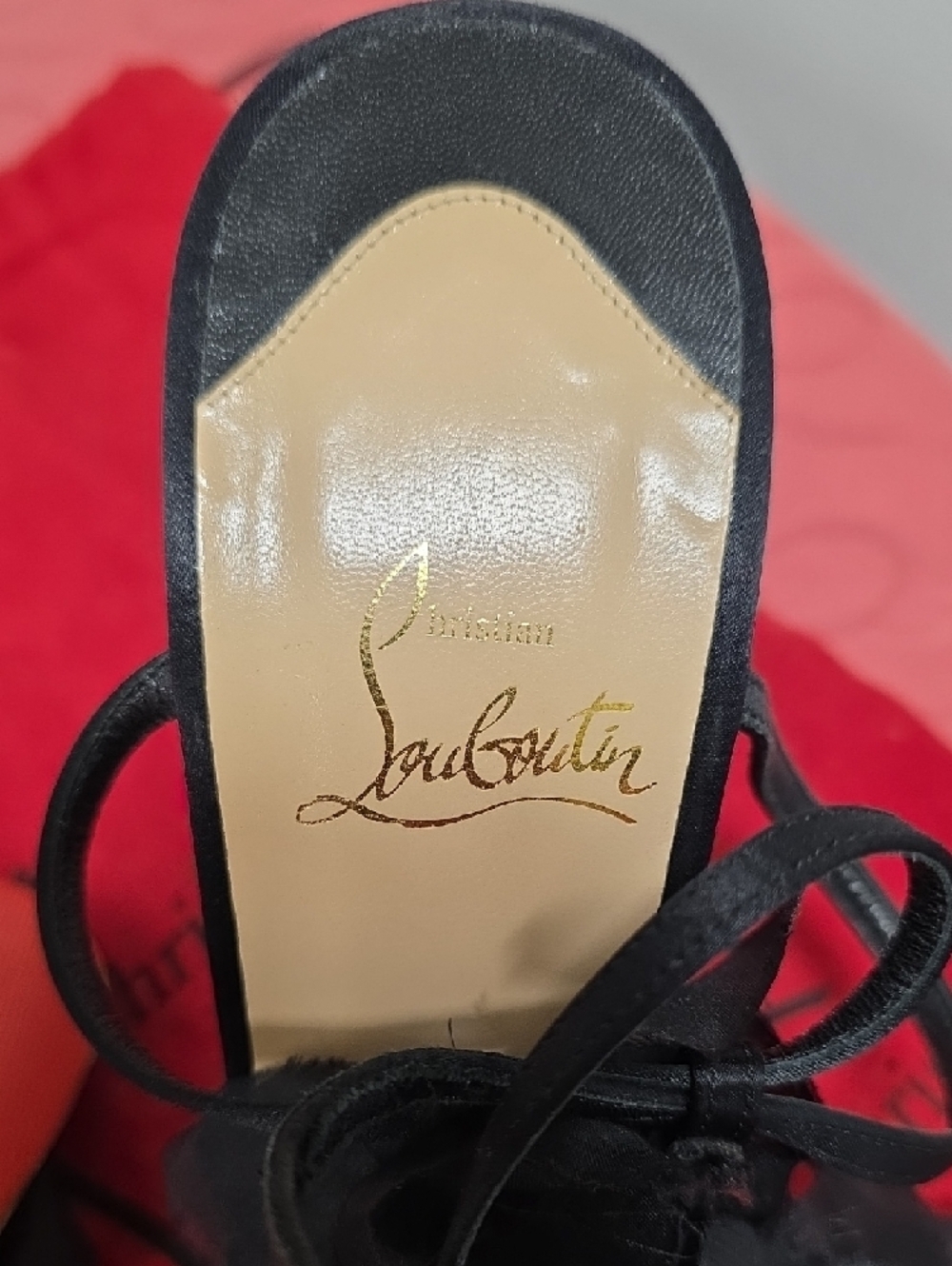 Christian Louboutin Black Floral Satin Strappy Heels - Picture 3 of 7